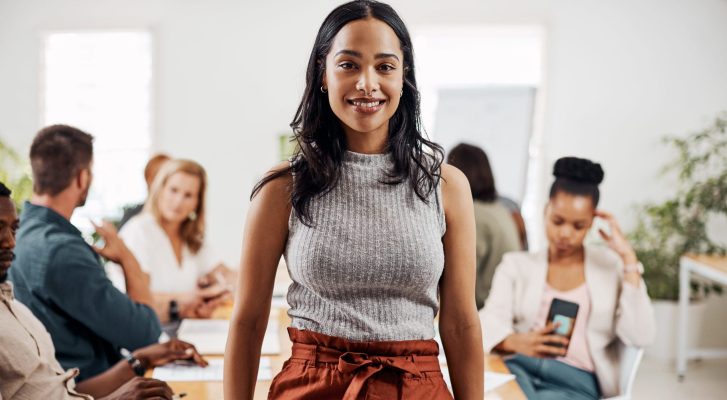 Team,,Meeting,And,Portrait,Of,Woman,In,Office,For,Workshop,