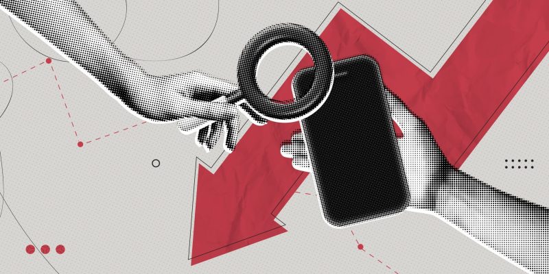 Trendy,Halftone,Collage,Phone,With,Downward,Arrow,Symbol,Of,Financial