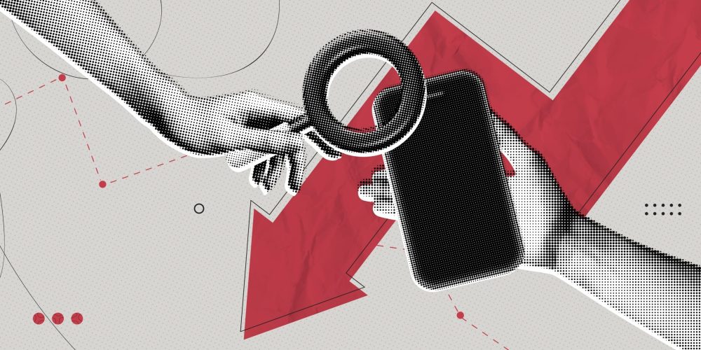 Trendy,Halftone,Collage,Phone,With,Downward,Arrow,Symbol,Of,Financial